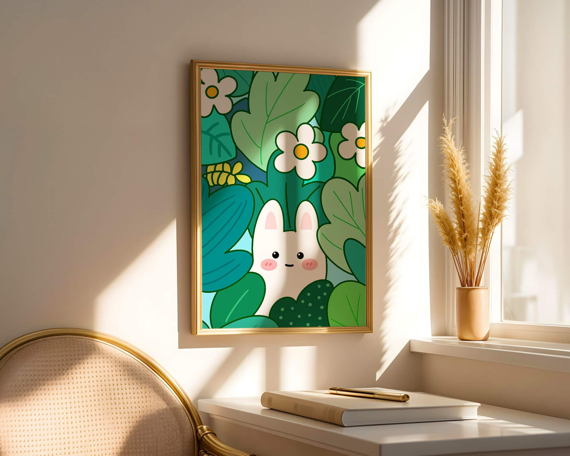 Illustration of a cute rabbit hidden among flowers and greenery
