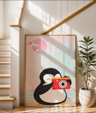 Whimsical penguin illustration with a camera on a pastel beach