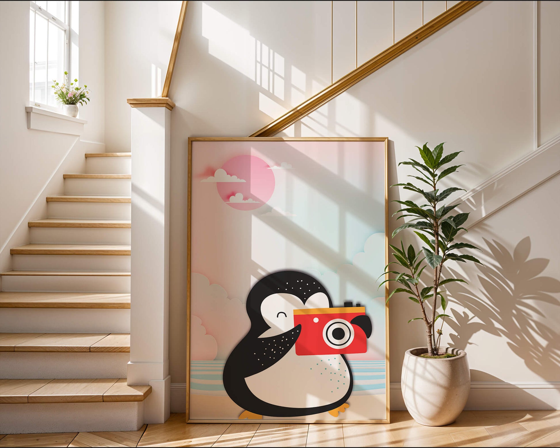 Whimsical penguin illustration with a camera on a pastel beach
