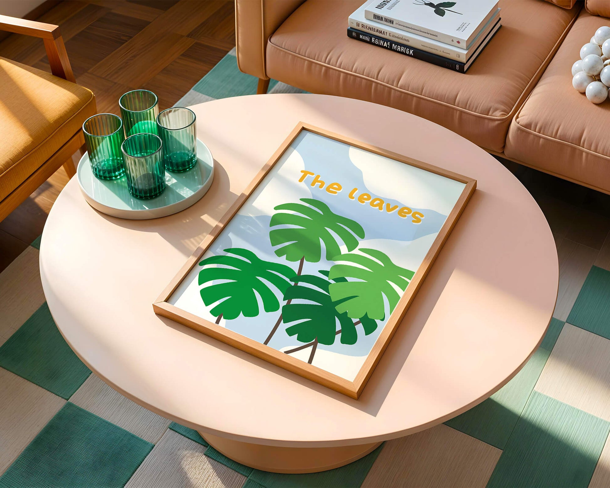 Illustrative tropical leaves with blue sky background for home decor
