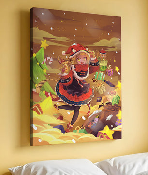 Festive anime character surrounded by gifts and holiday decor