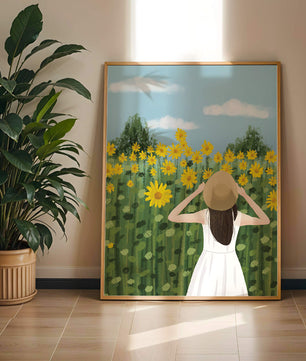 Mujer con vestido blanco admirando un campo de girasoles