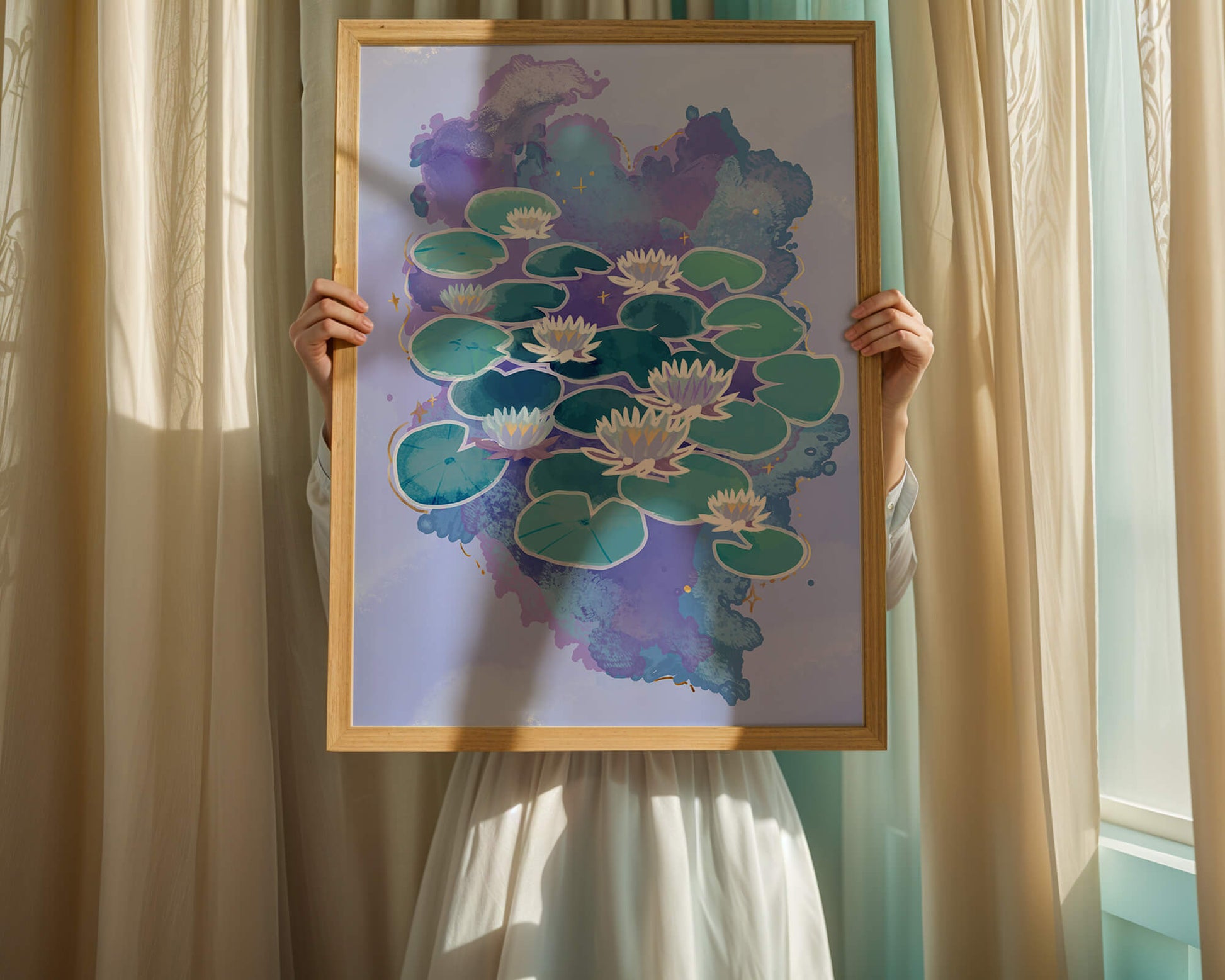 Serene aquatic scene with water lilies on abstract colorful background