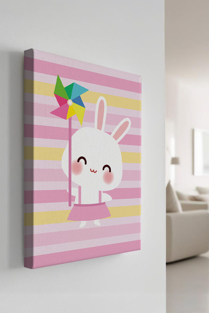 Adorable bunny with pinwheel on pastel striped backdrop