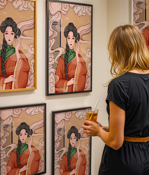 Elegante representación de una mujer con atuendo tradicional y nubes giratorias