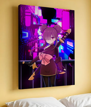 Personaje de anime con espadas y fondo de paisaje urbano neón