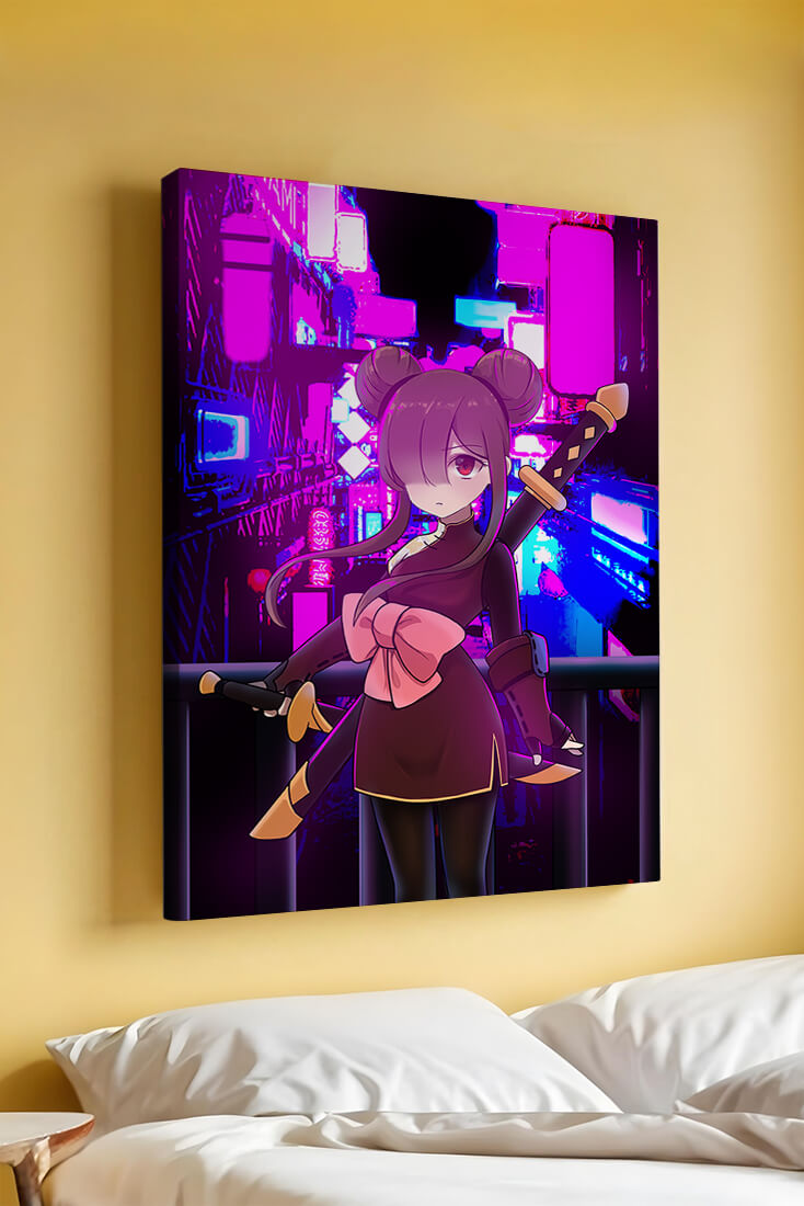 Anime Character with Swords and Neon Cityscape Background
