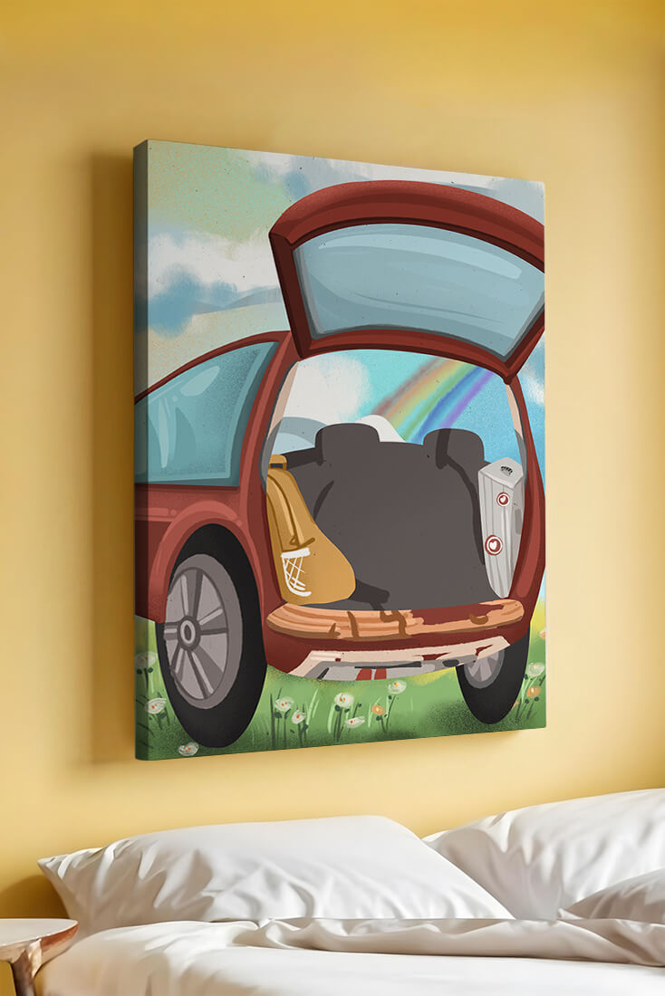 Car Trunk with Picnic Items and Rainbow in Background