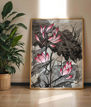 Illustration complexe de fleurs de lotus roses avec des feuilles