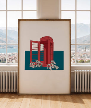 A Pink Phone Booth Surrounded by Flowers on a Teal Background