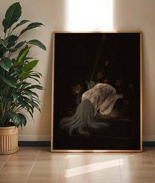 Abstract depiction of a figure surrounded by floral elements