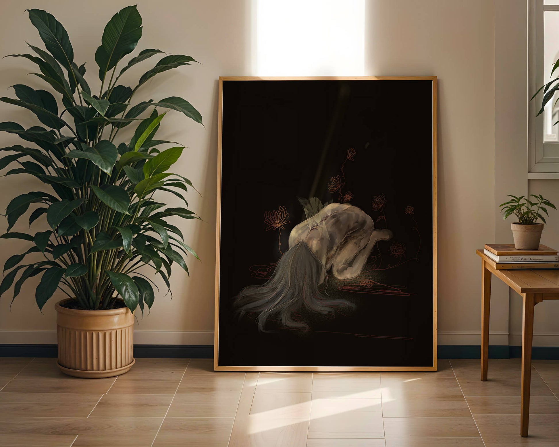 Abstract depiction of a figure surrounded by floral elements