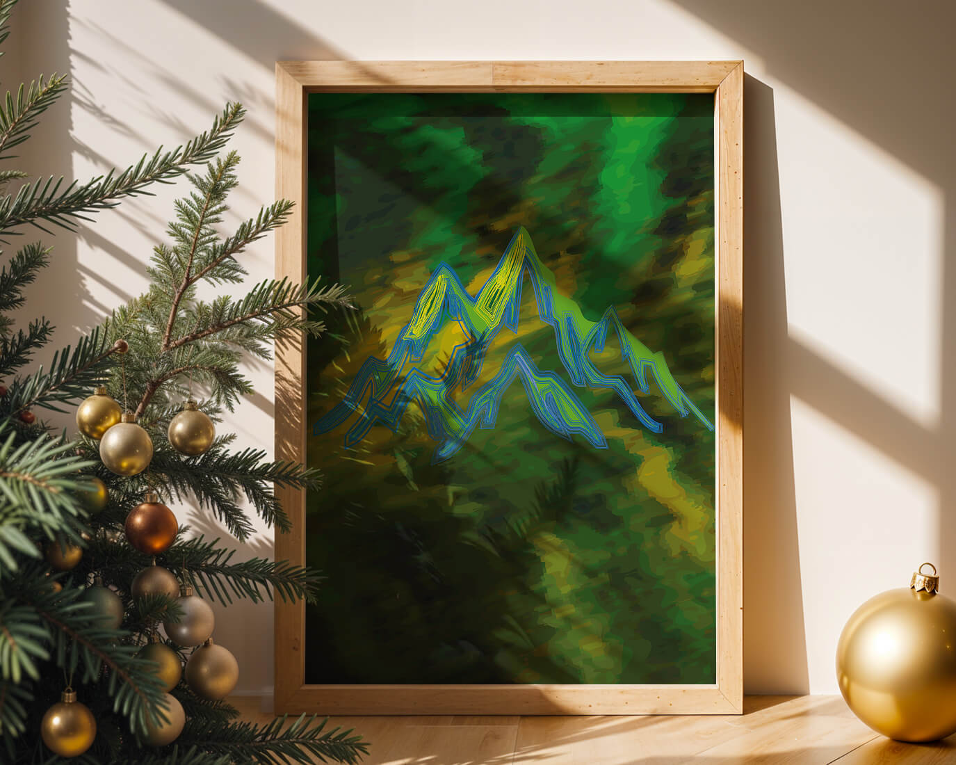 Abstract mountain landscape with vibrant colors and geometric lines