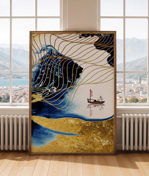 Paisaje abstracto con olas doradas y un bote solitario sobre fondo azul y blanco