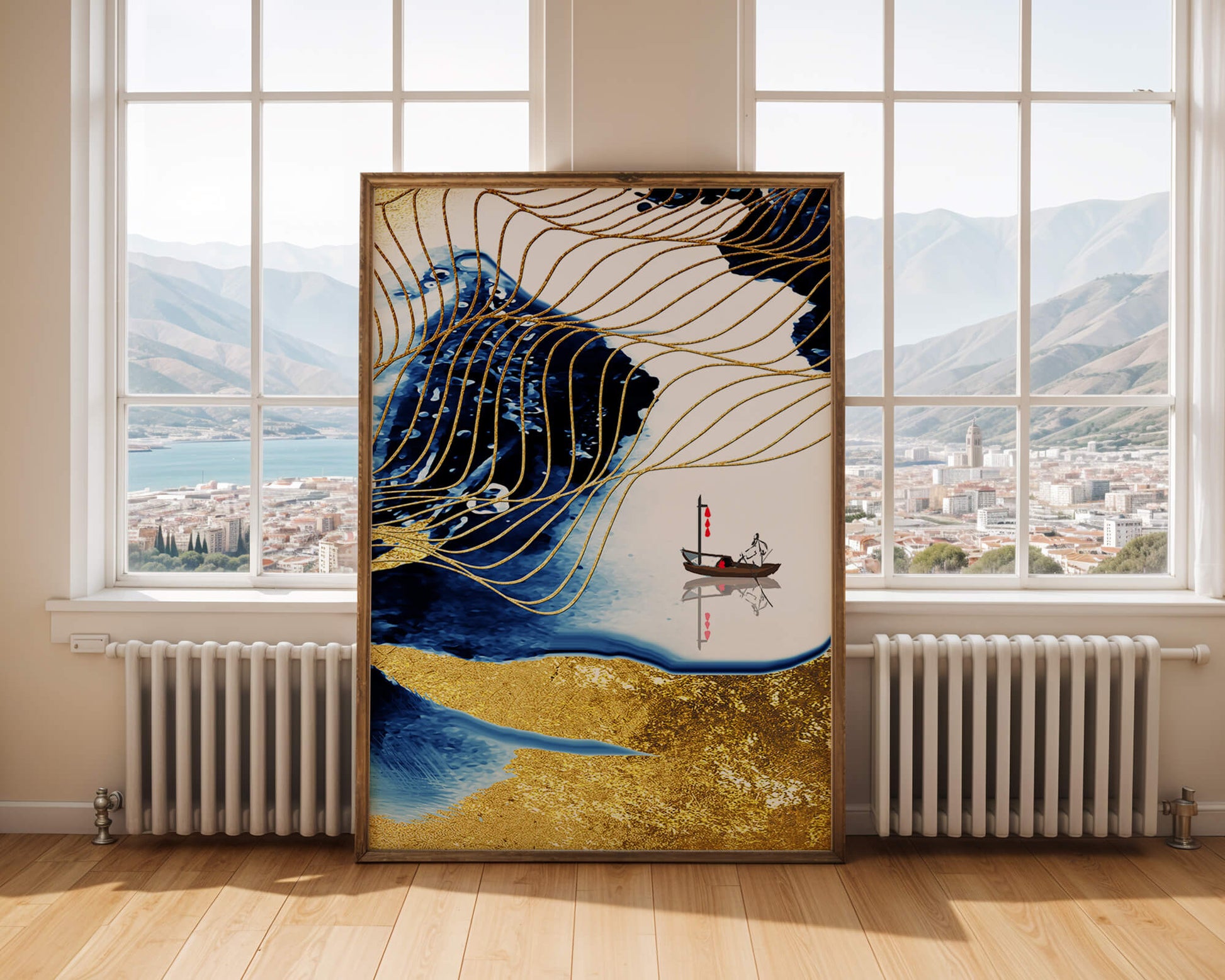 Paisaje abstracto con olas doradas y un barco solitario sobre fondo azul y blanco.