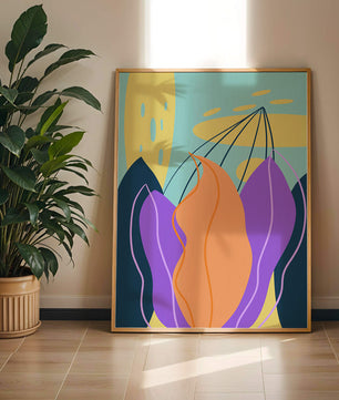 Abstract floral illustration with vibrant colors and geometric shapes