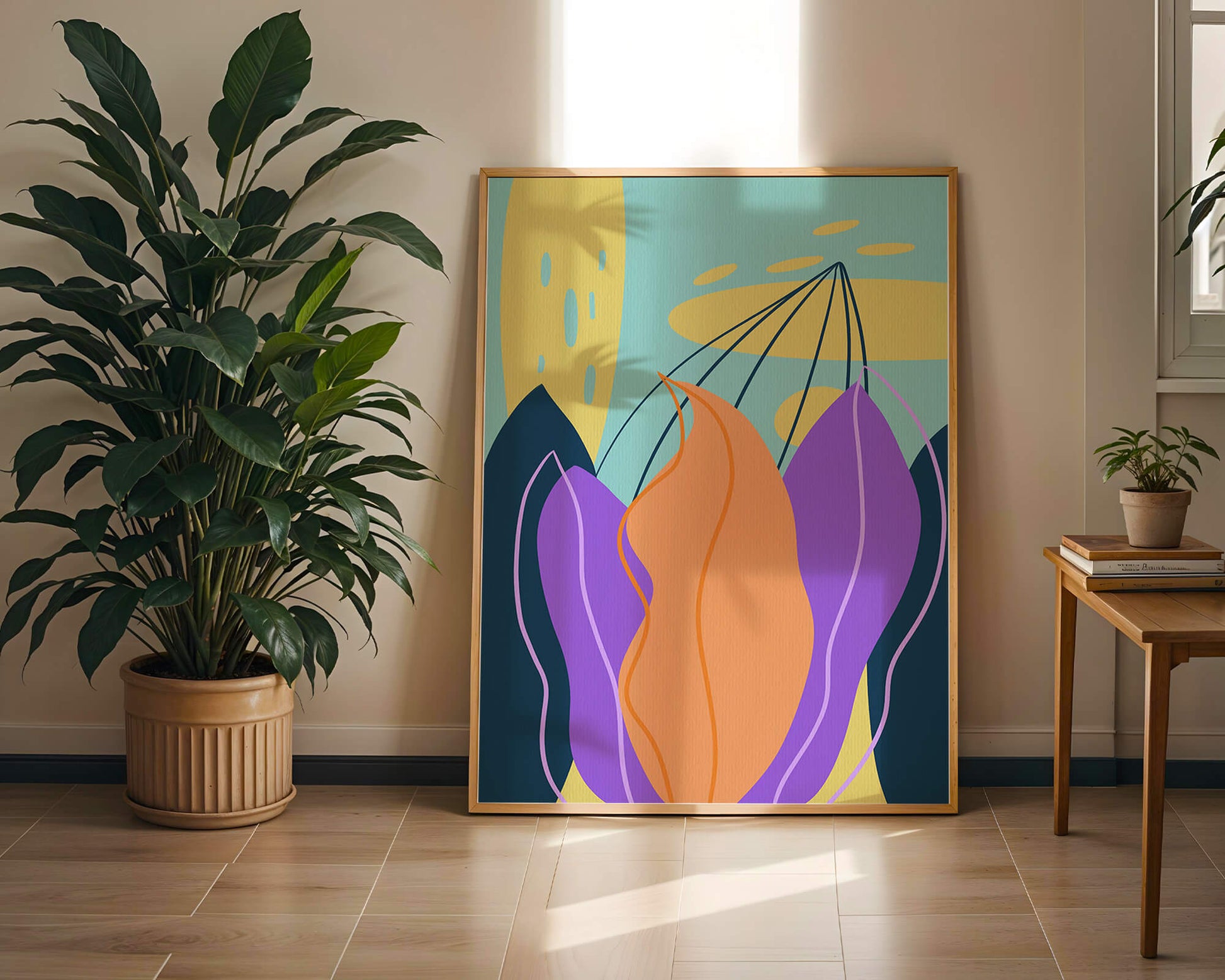 Abstract floral illustration with vibrant colors and geometric shapes