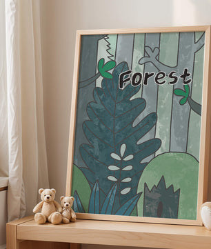 Illustrated forest scene with foliage and text