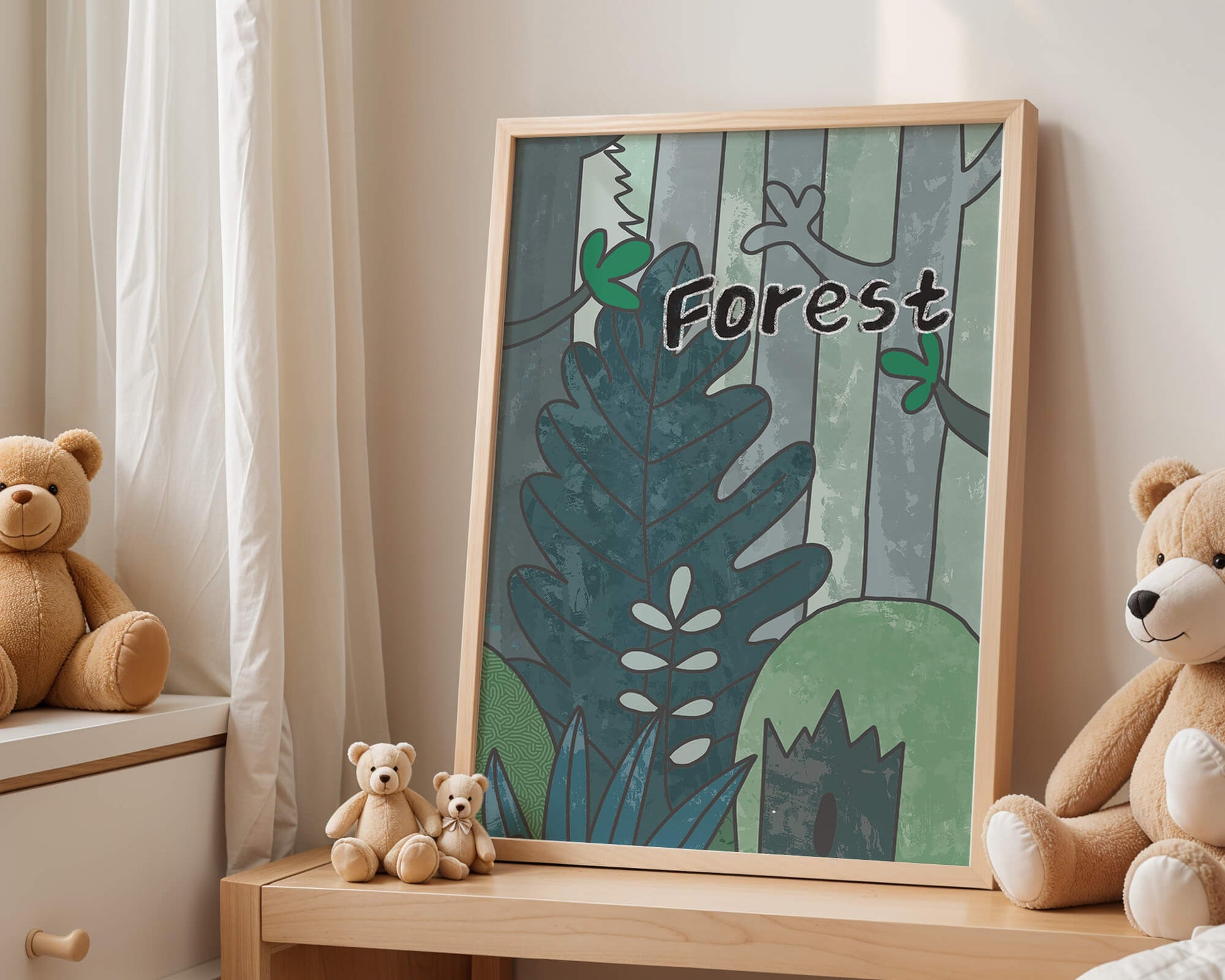 Illustrated forest scene with foliage and text
