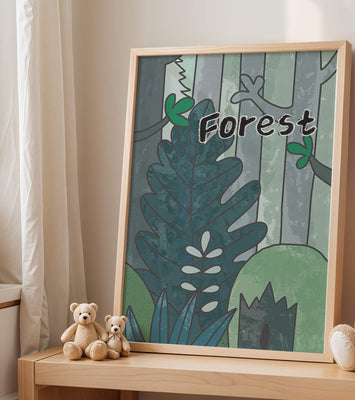 Illustrated forest scene with foliage and text