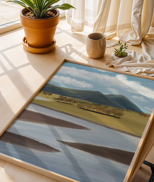 Paisaje sereno con montañas, árboles y río
