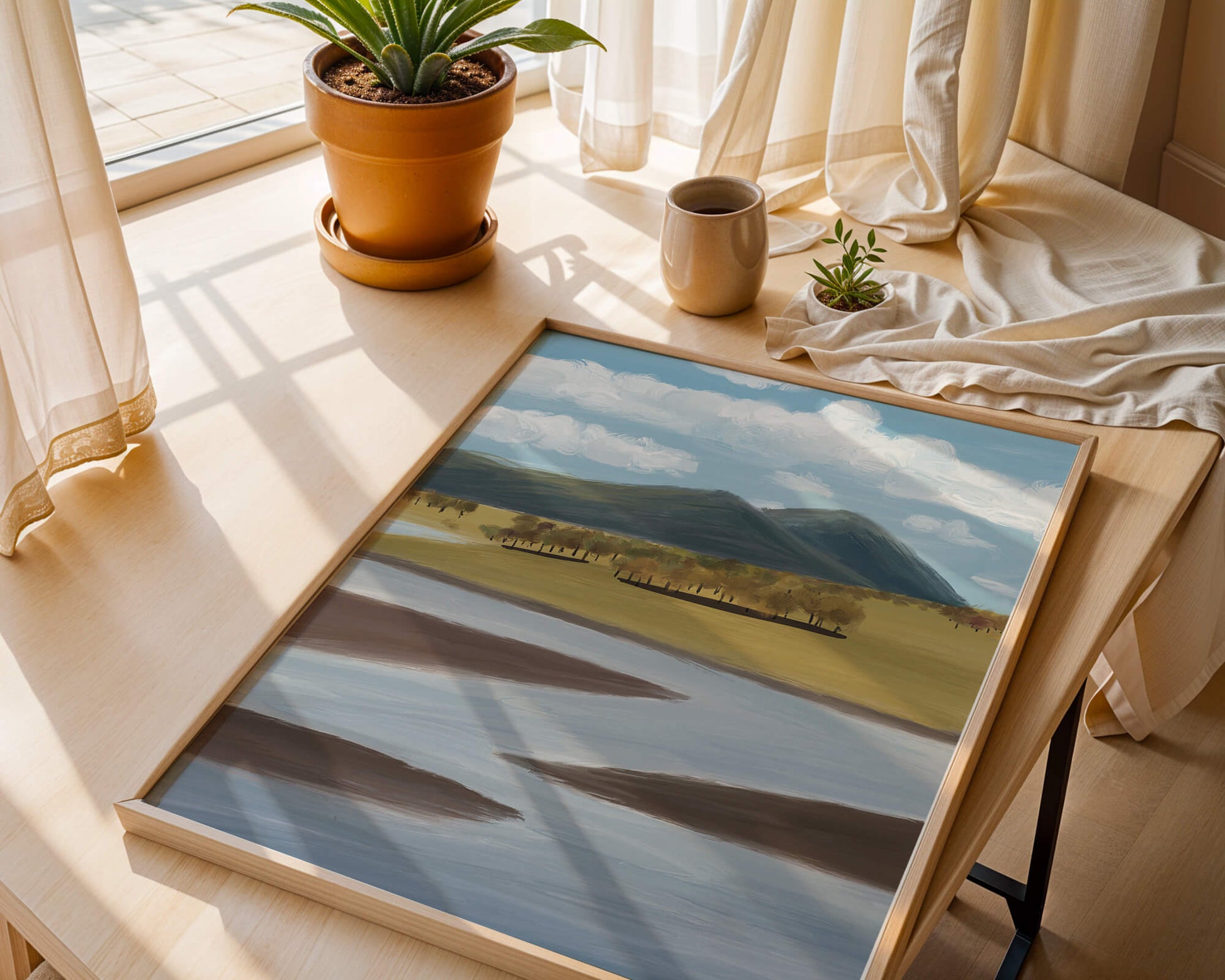 Serene Landscape with Mountains, Trees, and River