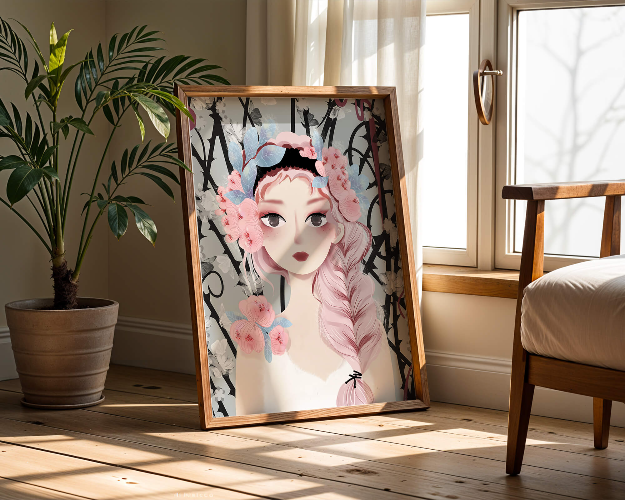 Illustration of a girl with floral headpiece against abstract floral background