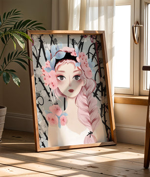 Illustration of a girl with floral headpiece against abstract floral background