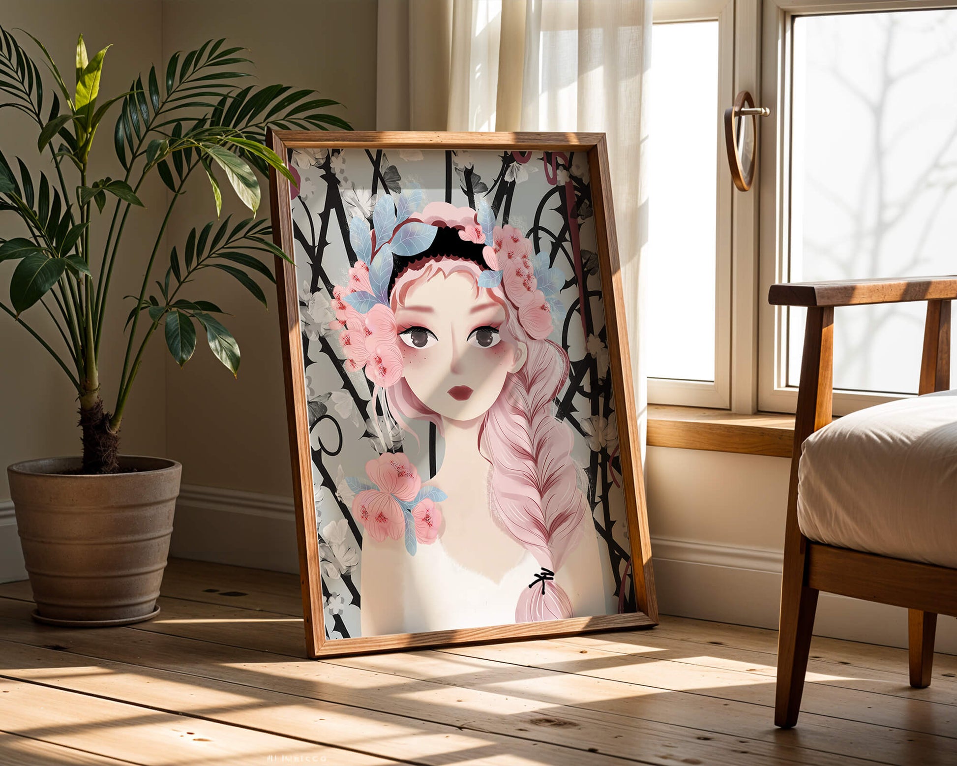 Illustration of a girl with floral headpiece against abstract floral background
