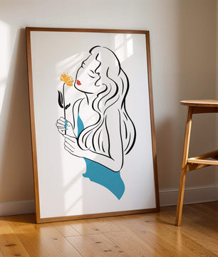 Ilustración estilizada de una mujer con una flor y elementos abstractos