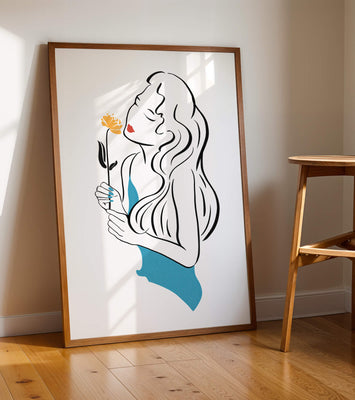 Stylized illustration of a woman with a flower and abstract elements