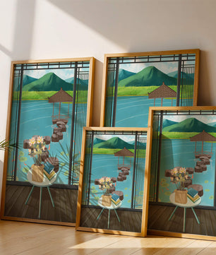 Scenic view from a room overlooking a tranquil water garden with stepping stones and mountains