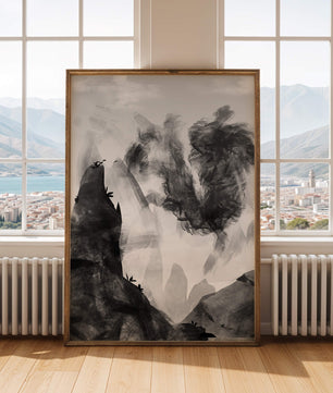 Paisaje monocromático con montañas y nubes abstractas