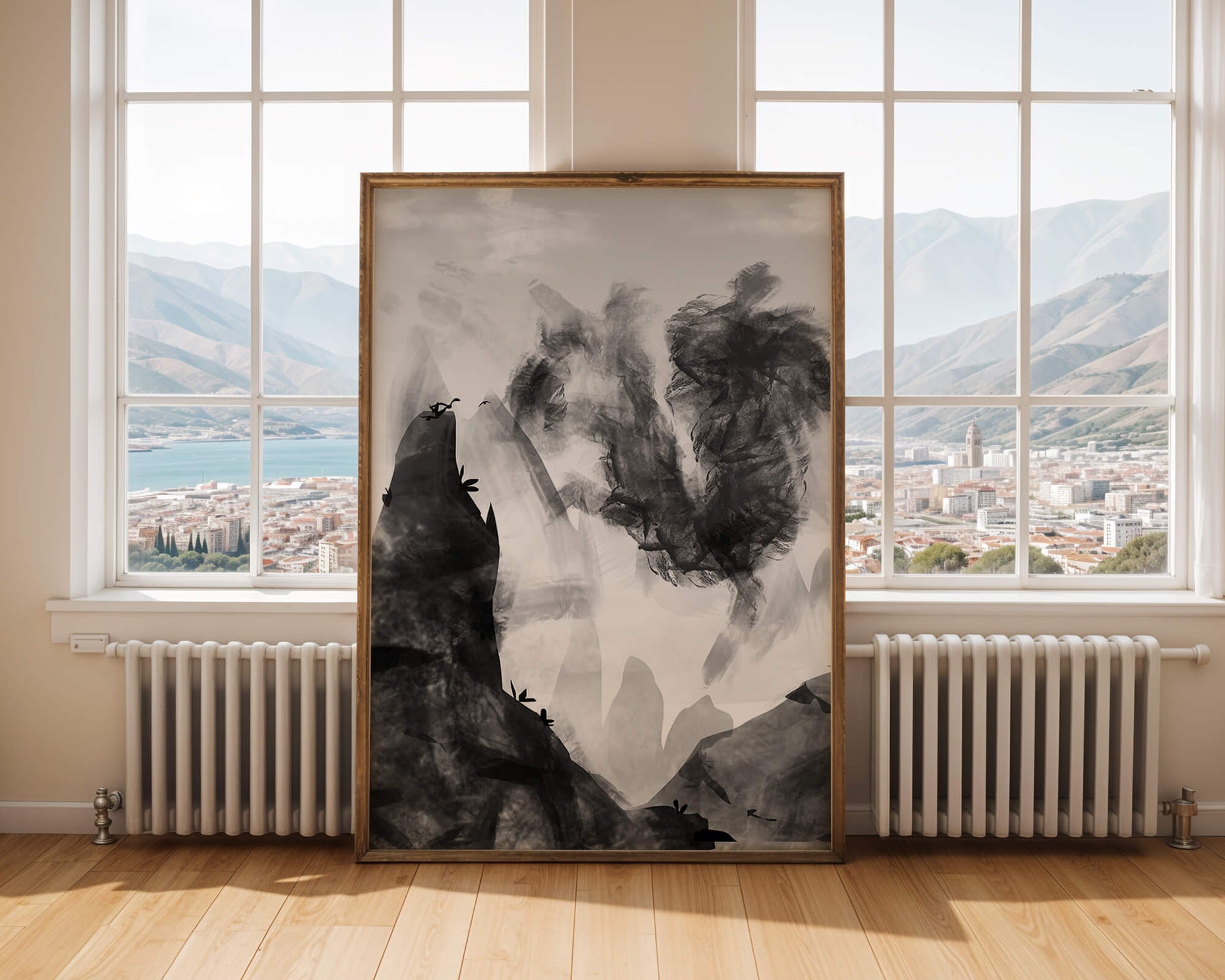 Paisaje monocromático con montañas y nubes abstractas