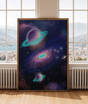 Colorful space illustration with planets and galaxy