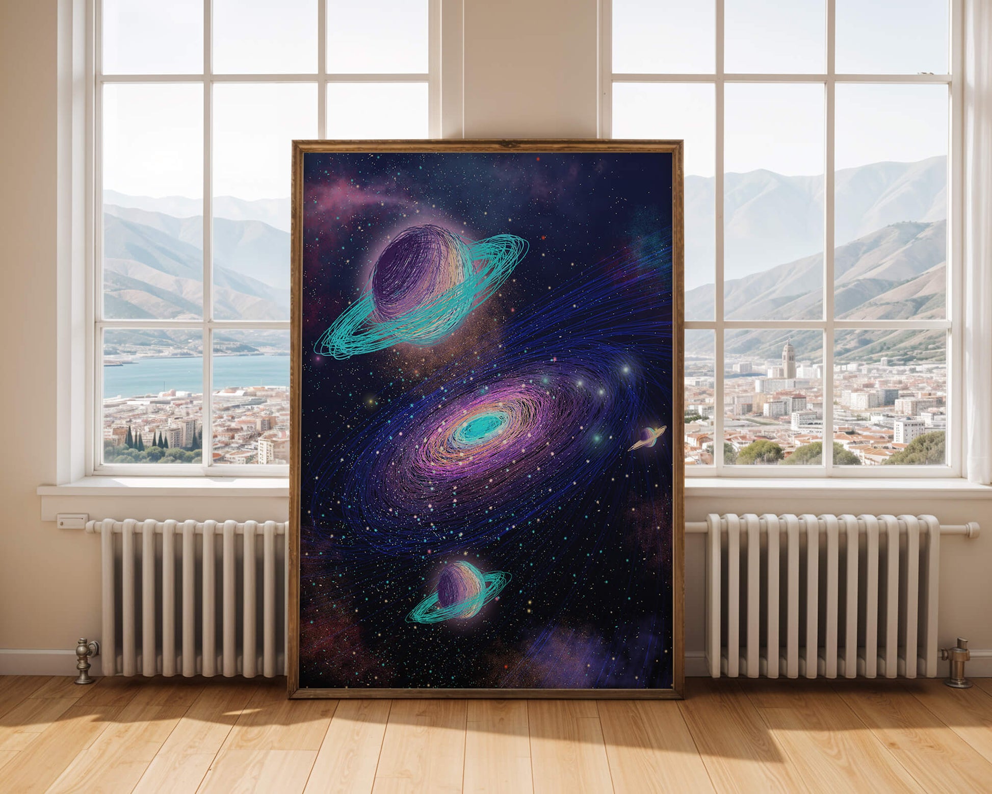 Colorful space illustration with planets and galaxy