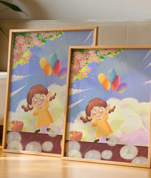Whimsical illustration of a girl with balloons under vibrant pink blossoms