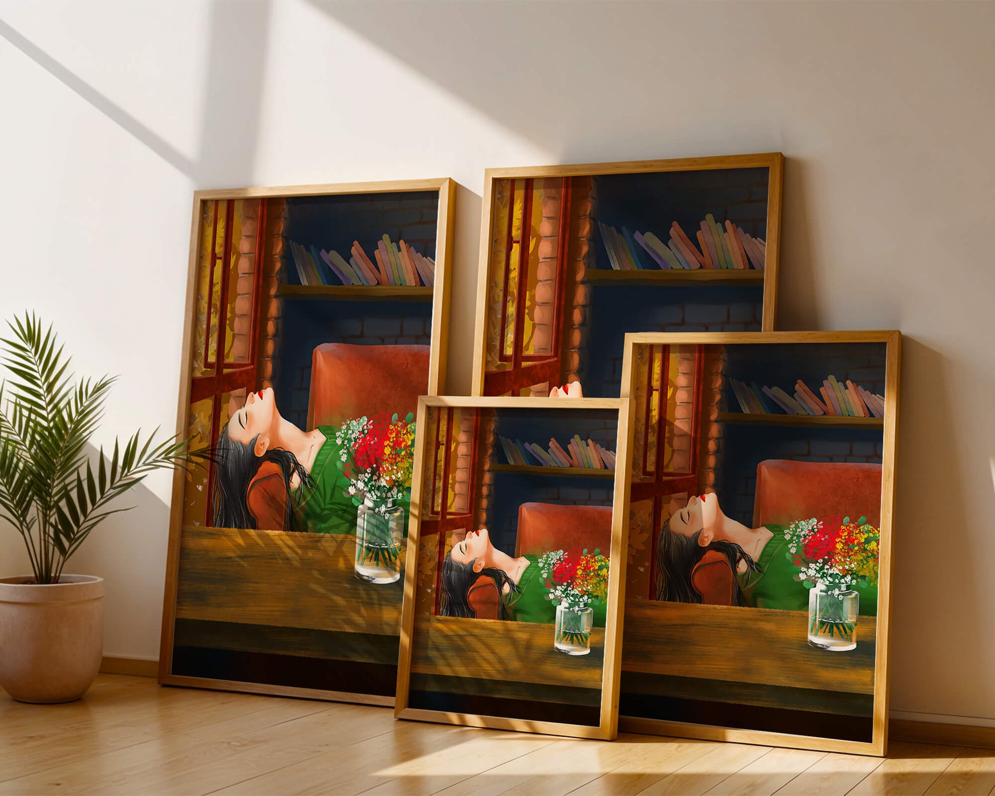 Frau entspannt sich am Fenster mit Blumenstrauß und Büchern