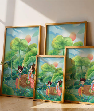 Charming illustration of children on a boat in a lush lotus pond