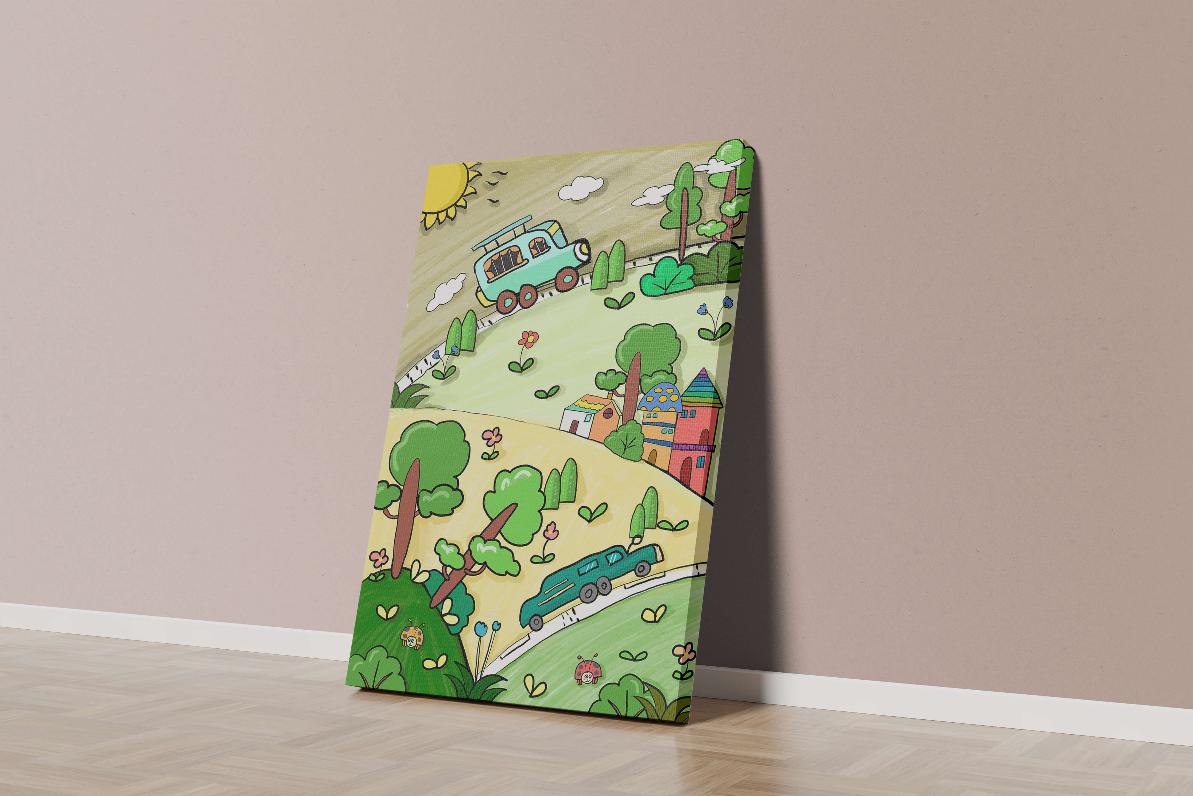 Colorful cartoon landscape with vehicles and nature scene