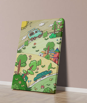 Colorful cartoon landscape with vehicles and nature scene