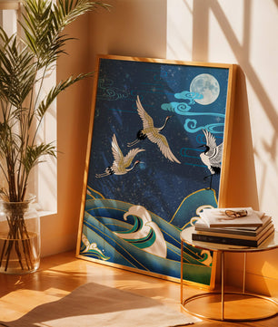 Una escena nocturna serena con grullas y olas al estilo del arte tradicional japonés