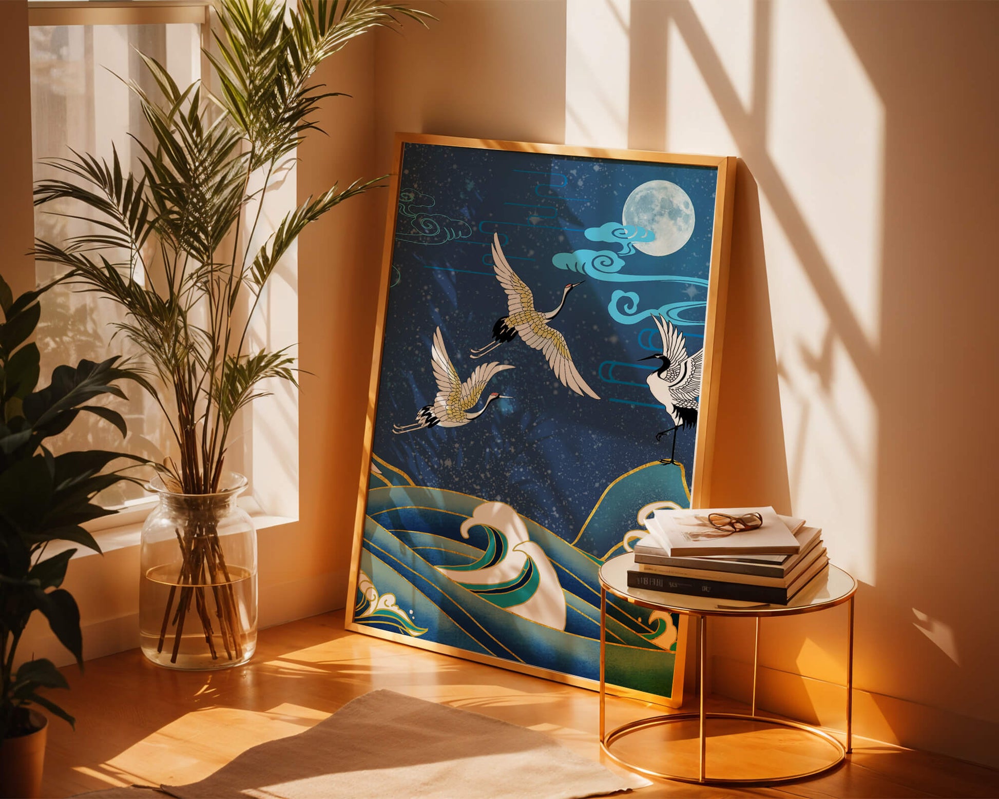 A Serene Night Scene with Cranes and Waves in Traditional Japanese Art Style