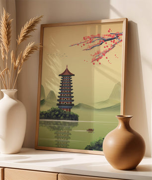 Serene landscape with traditional pagoda and blooming cherry blossoms