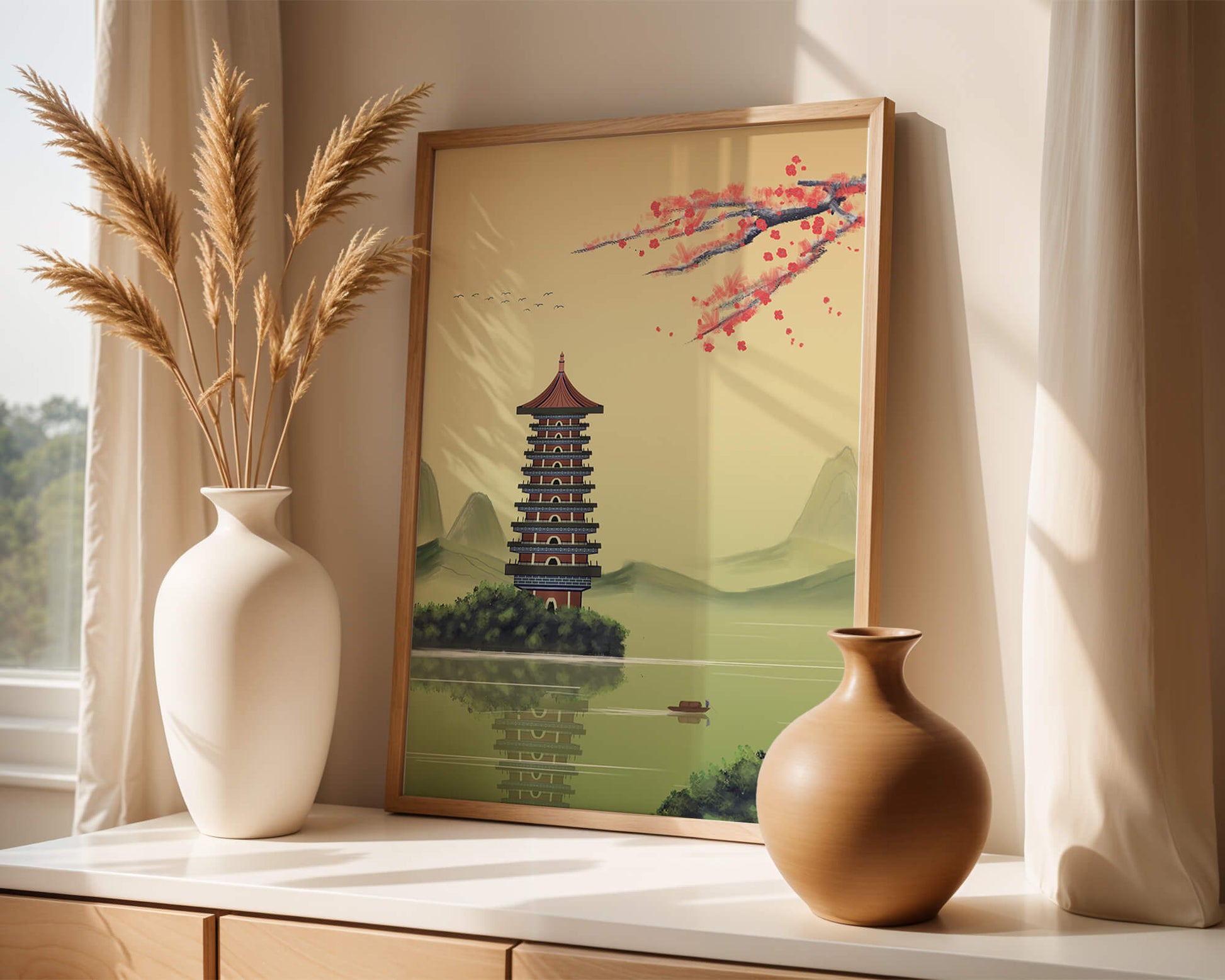 Serene landscape with traditional pagoda and blooming cherry blossoms