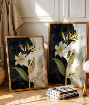 Diseño floral abstracto con detalles dorados y oscuros