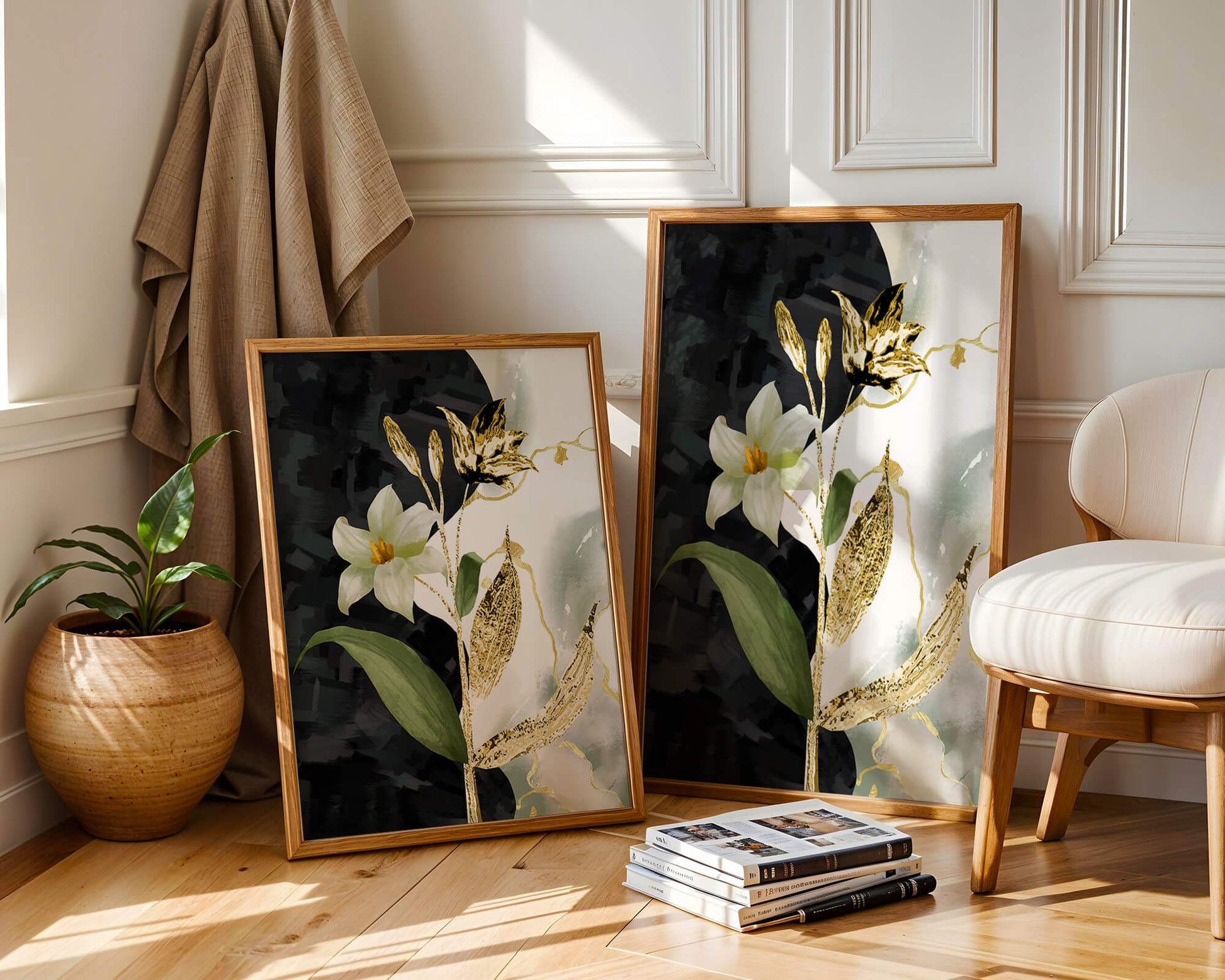 Diseño floral abstracto con detalles dorados y oscuros