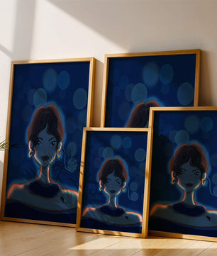 Illustration d'une femme avec des lumières bokeh et des boucles d'oreilles élégantes