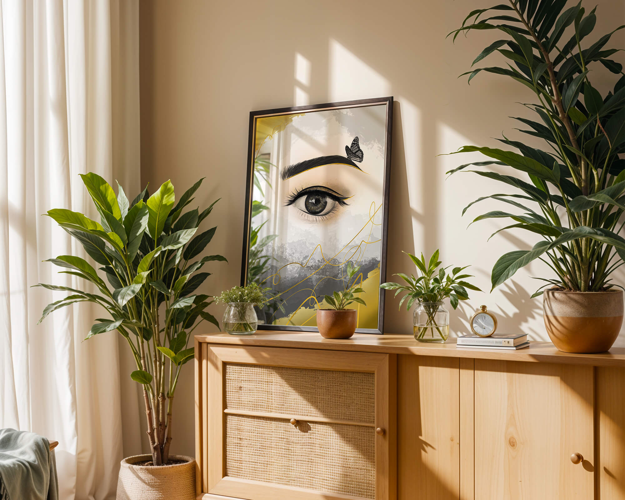 Artistic eye illustration with butterfly and abstract gold accents