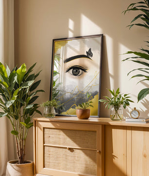 Artistic eye illustration with butterfly and abstract gold accents